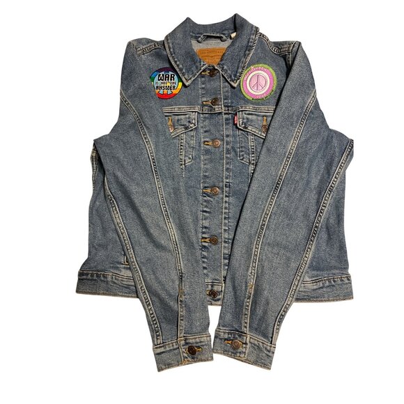 Levi's Denim Jacket W/ Woodstock & Peace Symbols Embroidered Patches XL Adult - Picture 2 of 8